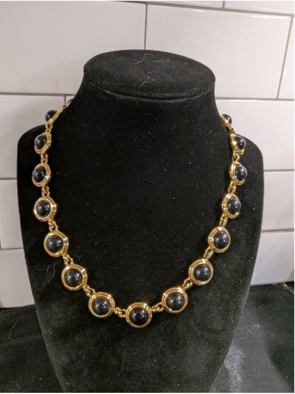 Vintage Napier Gold Tone Black Cabochon Statement Necklace Adjustable Signed
